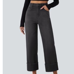 HALARA Flex Denim High Waisted Cuffed Hem Wide Leg Ash Black Jeans Size XL (16)